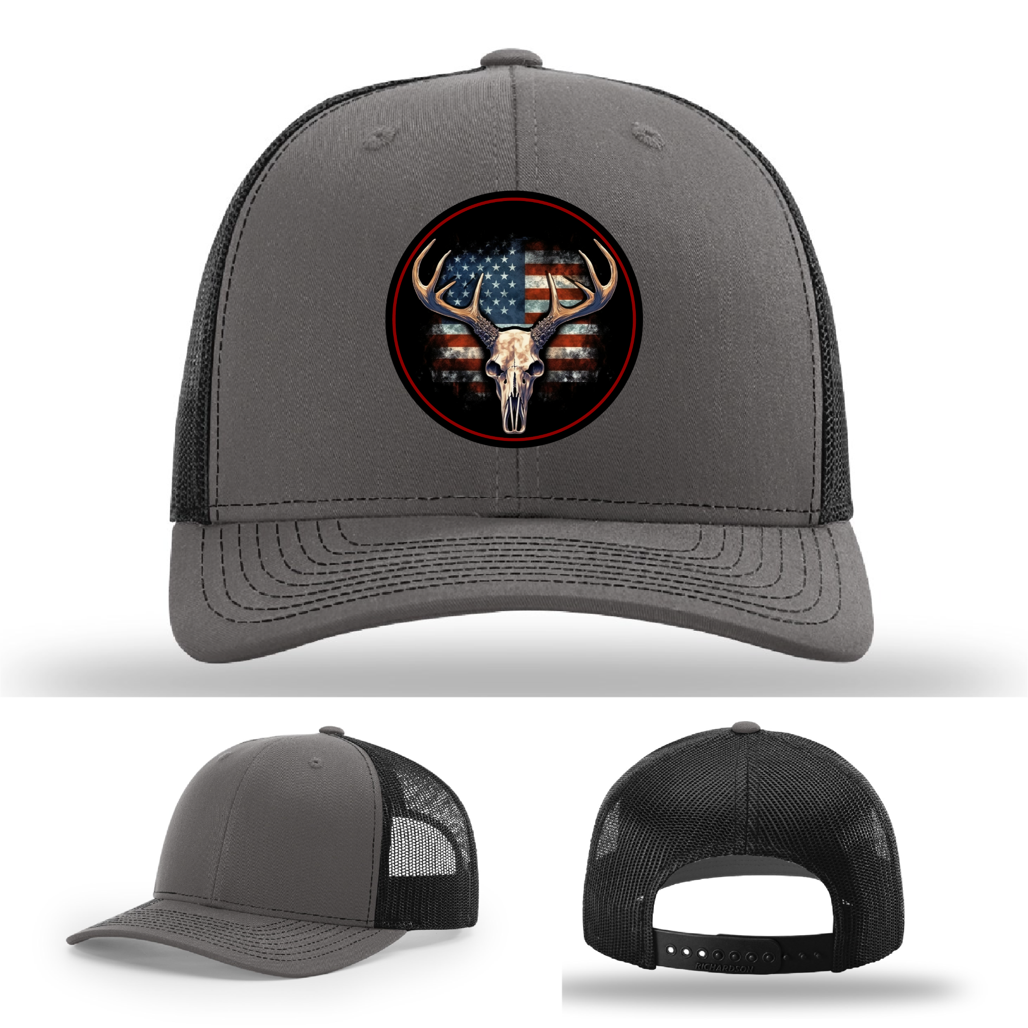 Multiple leather patch designs – hunting deer skull logos on Richardson USA hats