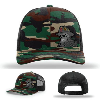Firefighter skull patch designs – leather logo variants on Richardson headwear