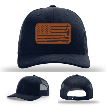Leather patch firefighter hat – Richardson cap with fire tool American flag design