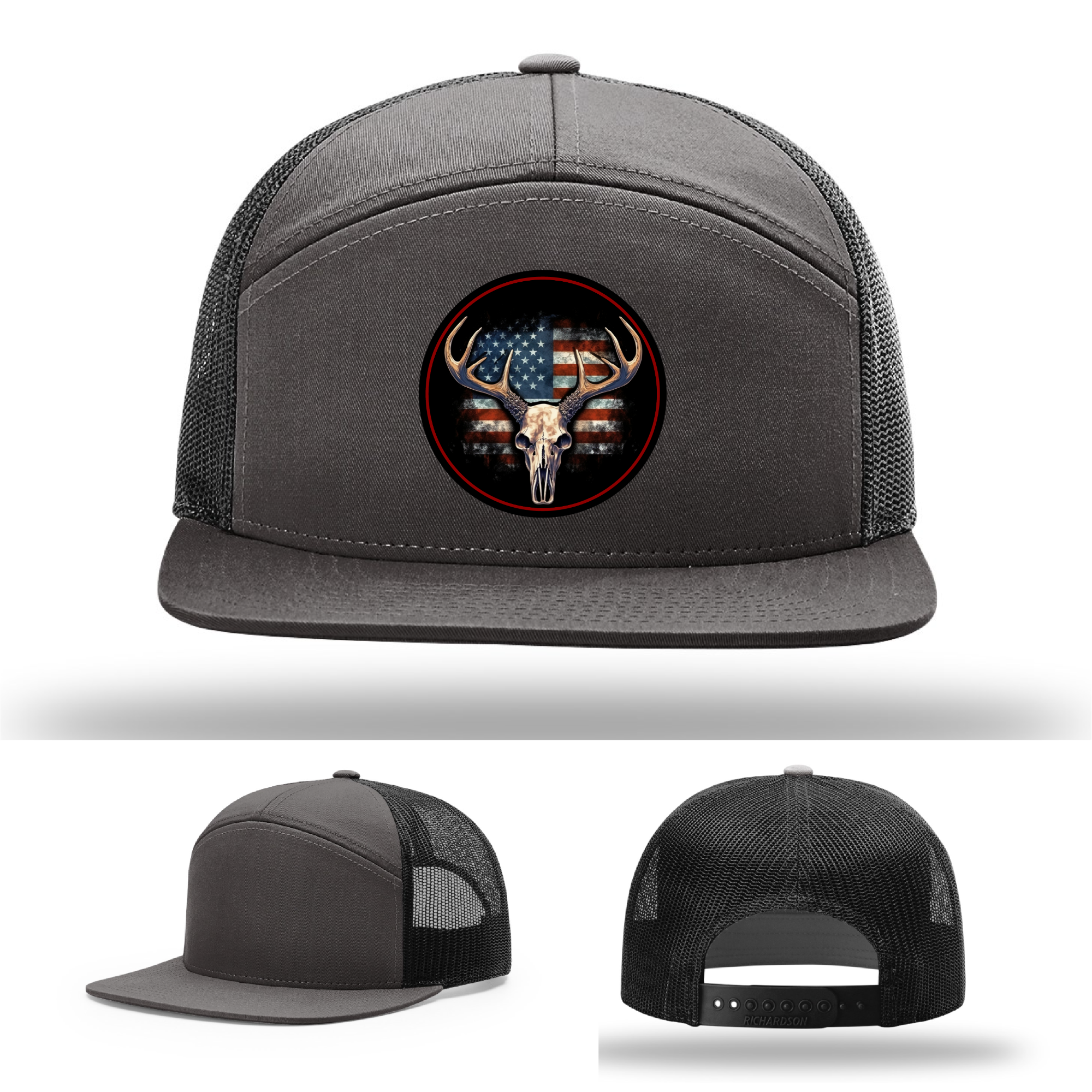 Richardson hat patch variants – patriotic buck skull hunting logos in leather
