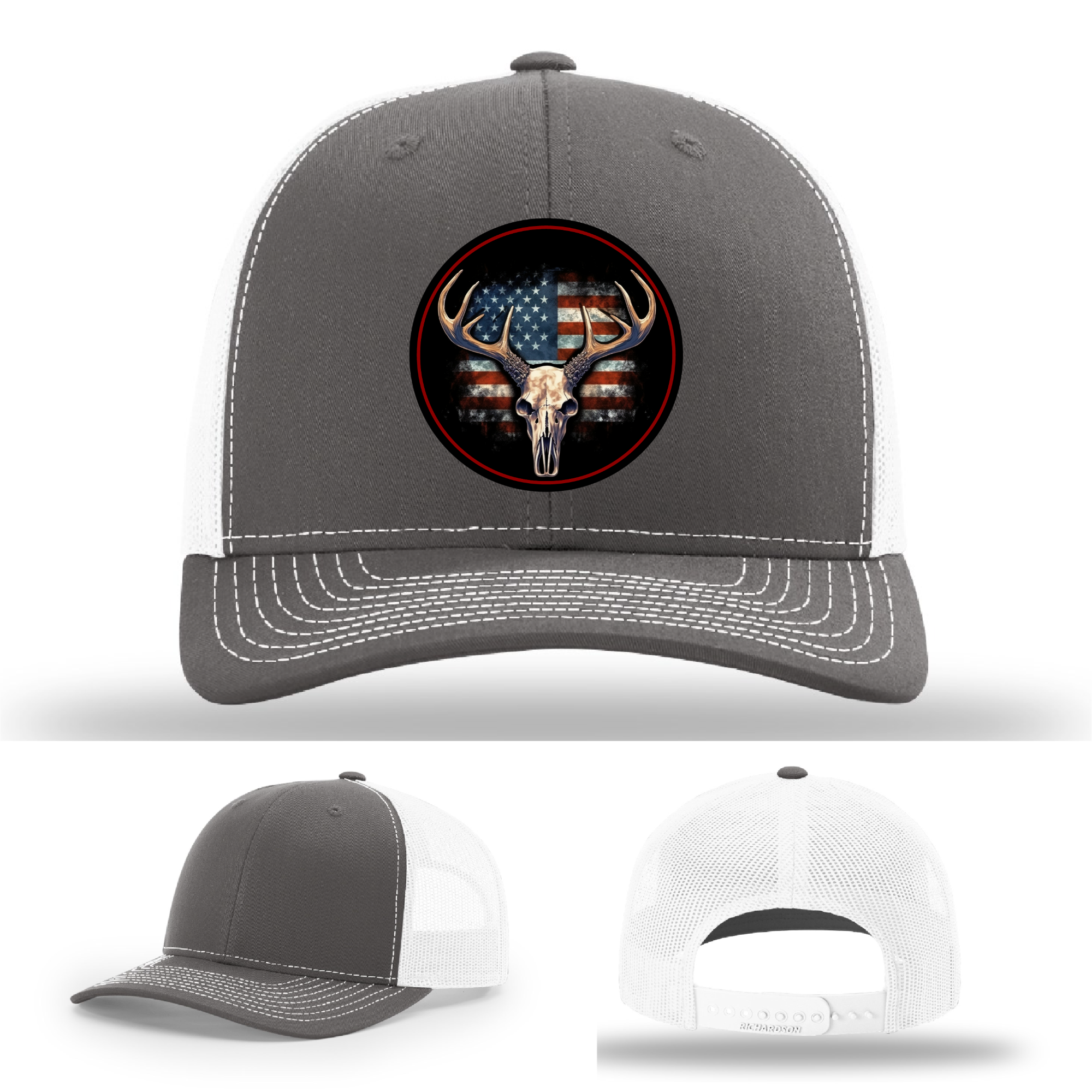 Patriotic Richardson hats with hunting patch variants – leather deer skull designs