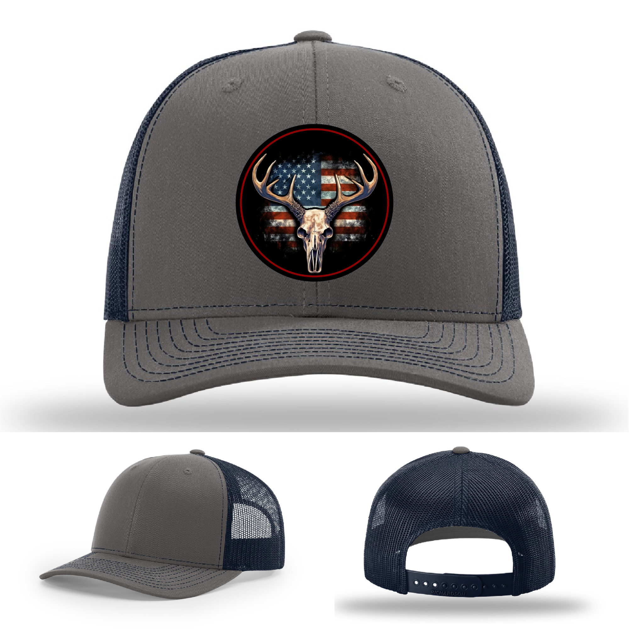 Deer hunting hat patch variants – American flag leather skull logos on Richardson hats