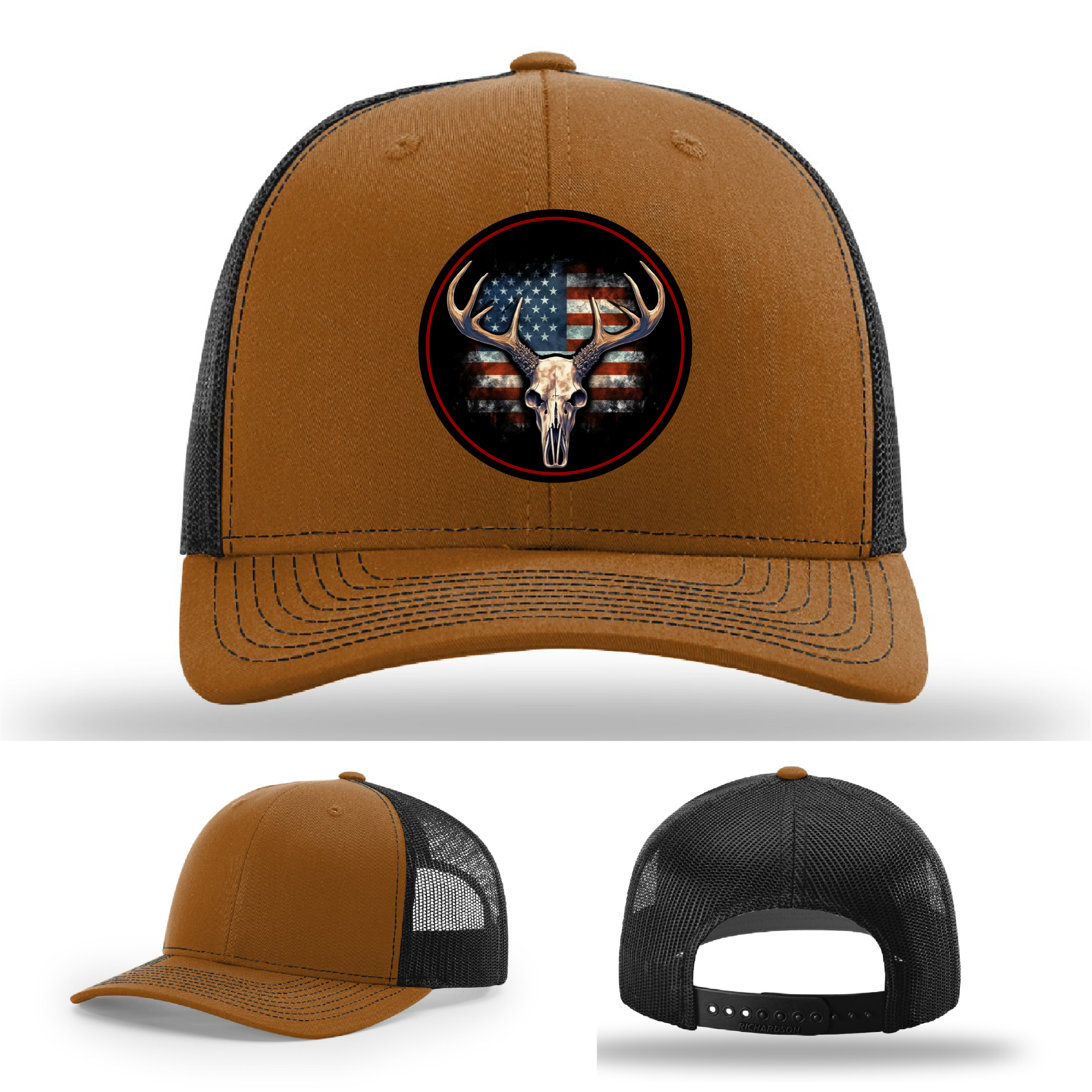 Variant Richardson hats featuring leather patch designs – patriotic USA deer skull logos