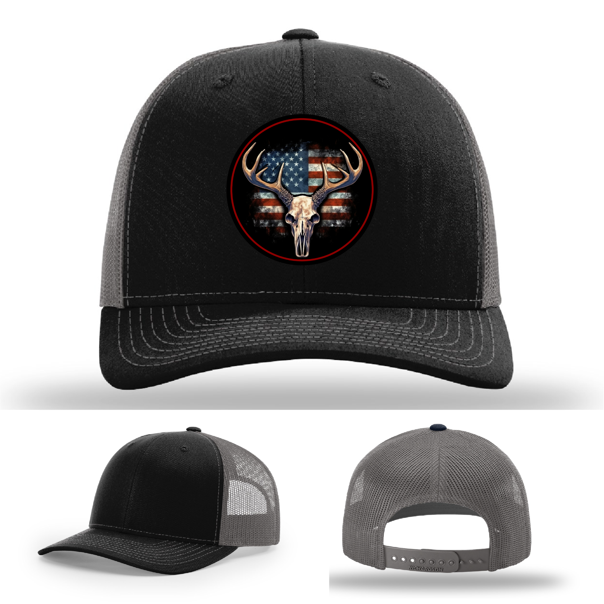 Leather patch variants – deer skull hunting logos with patriotic themes on Richardson hats