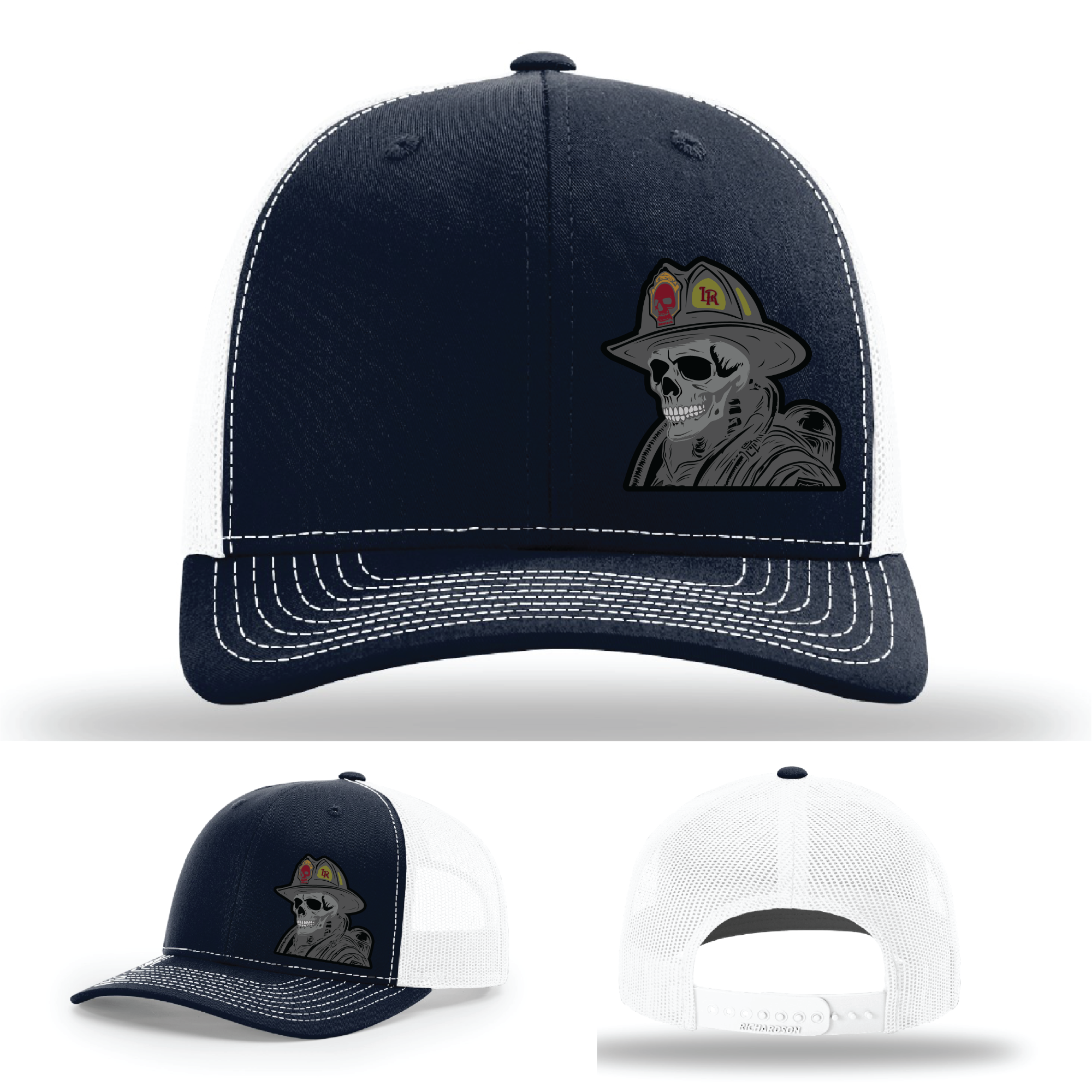 Fire service skull logo variants – helmet patches on Richardson leather hats