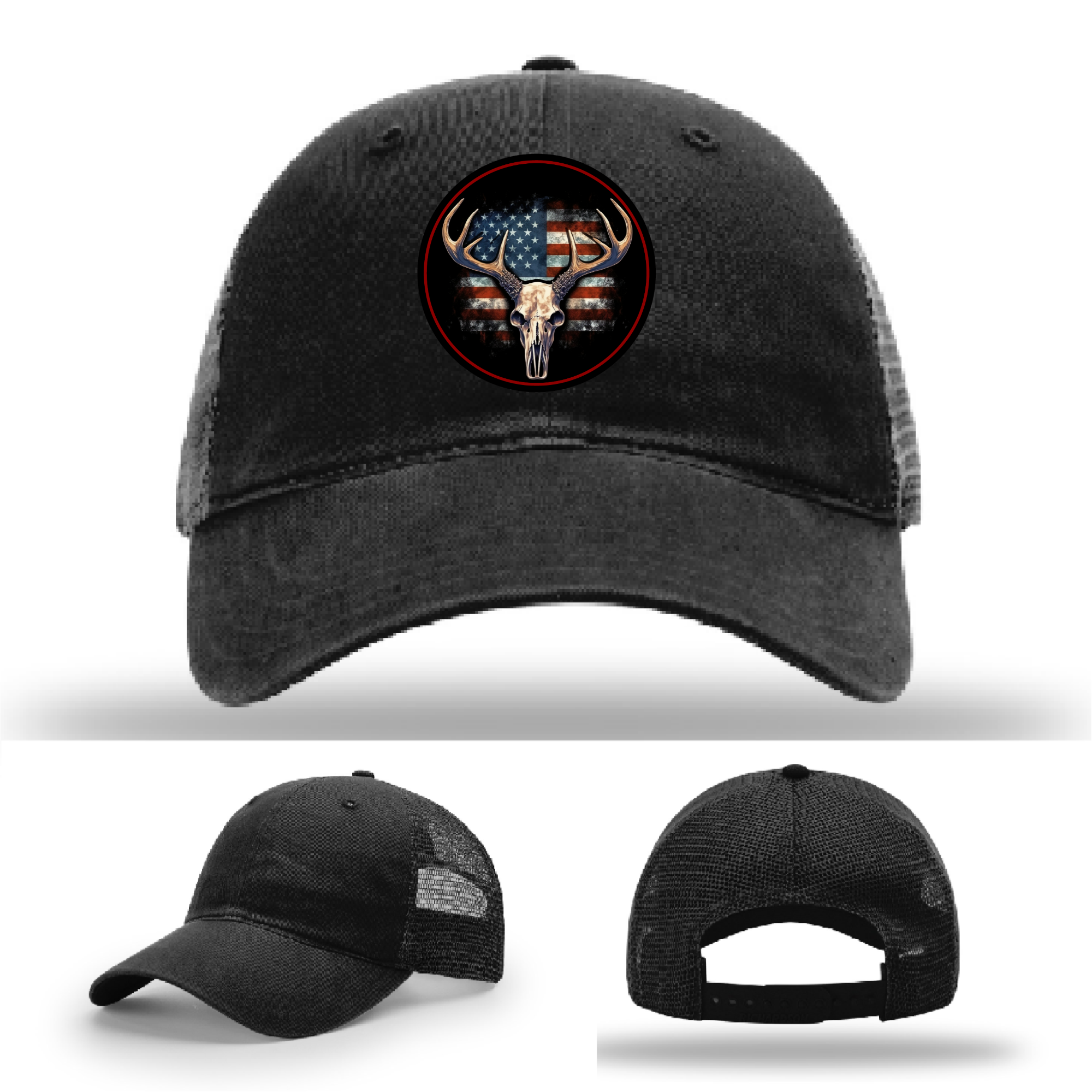 USA flag buck skull patch designs – hunting-themed leather logos across Richardson hat variants