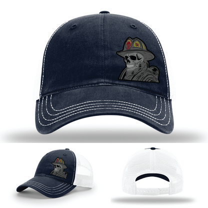 Firefighter gear logo variants – skull helmet leather patches on Richardson