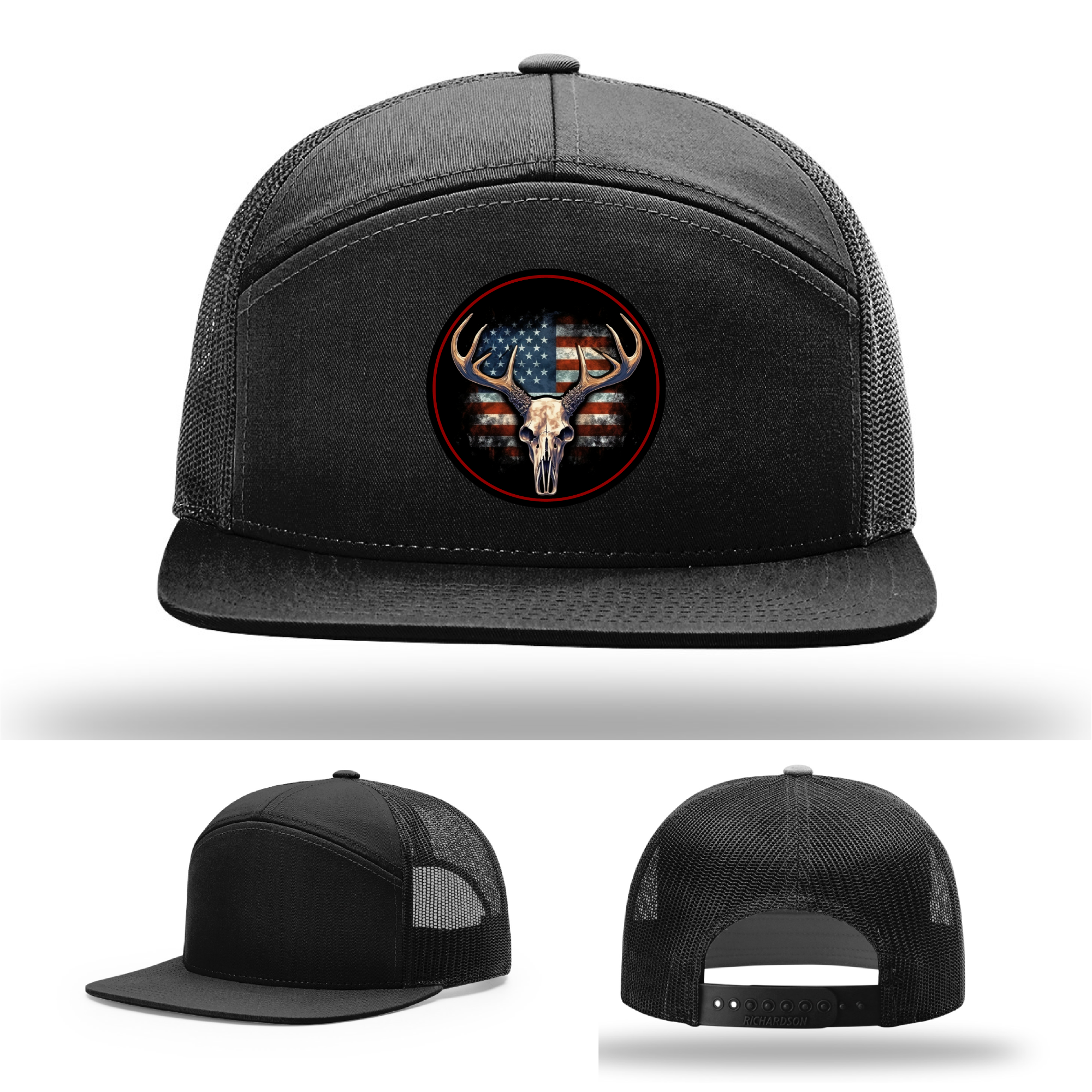 American hunting patch variations – leather deer skull designs on Richardson brand hats
