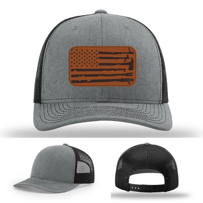 Leather patch firefighter hat – Richardson cap with fire tool American flag design