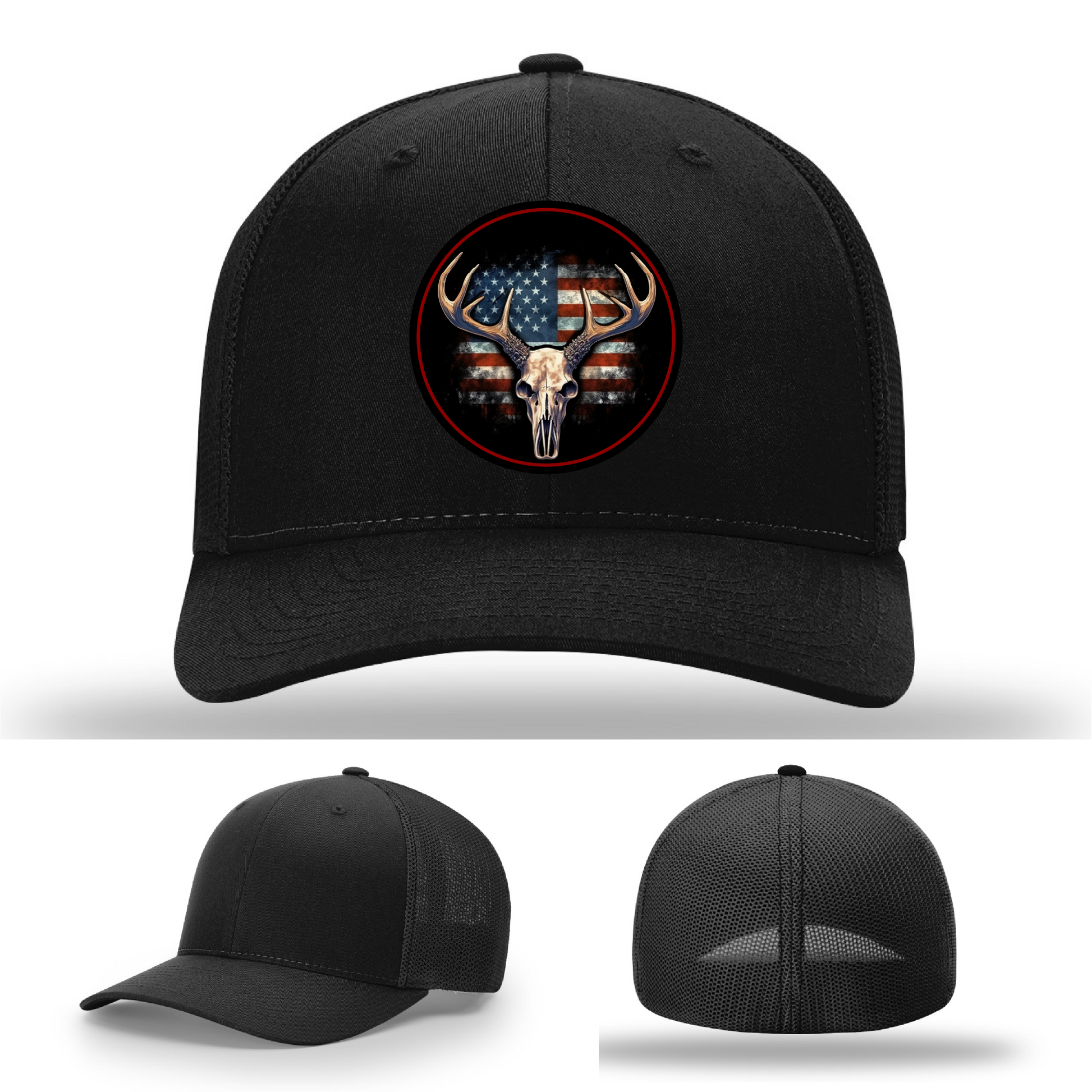Deer skull hunting patch variants – leather USA flag logos shown across Richardson hats