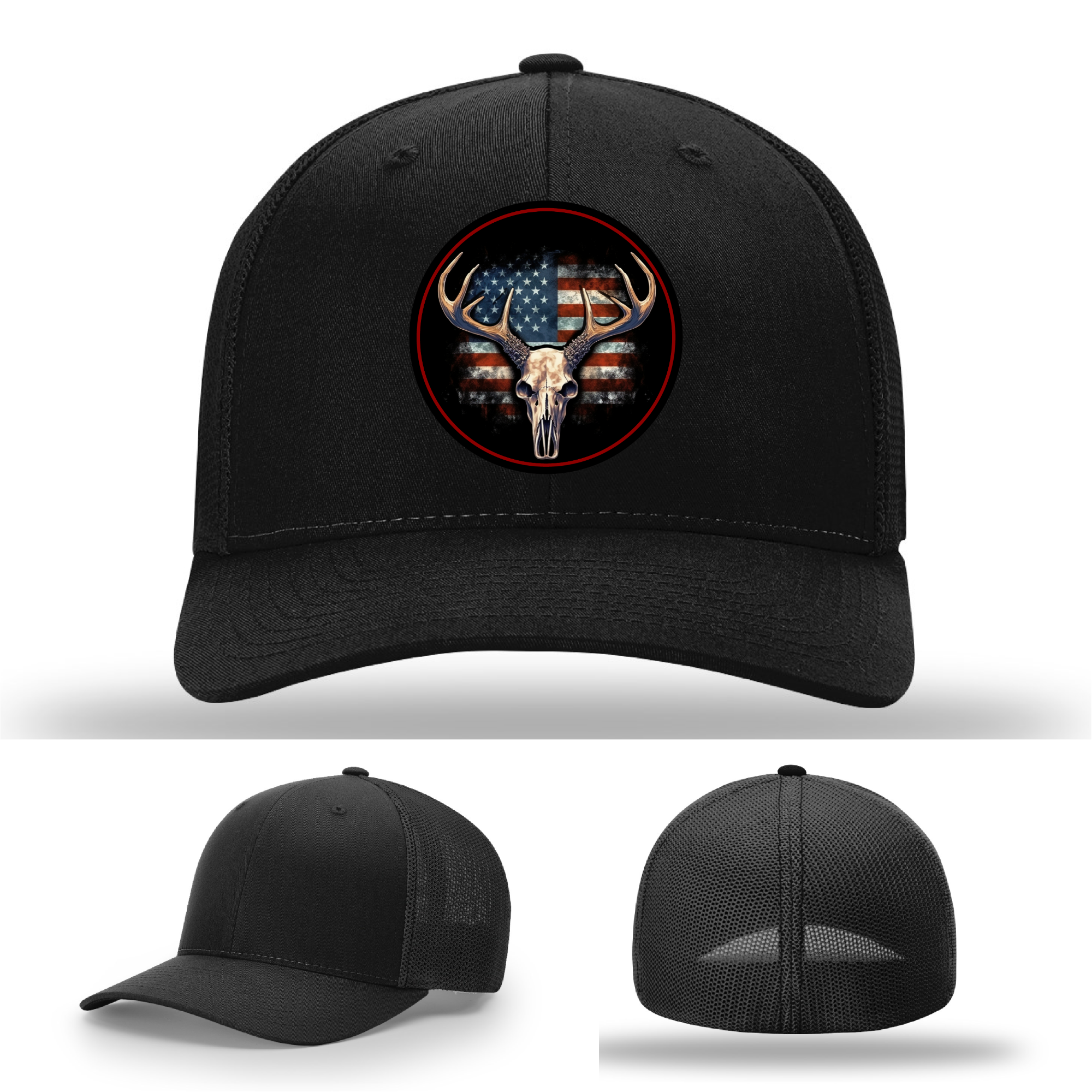 Deer skull hunting patch variants – leather USA flag logos shown across Richardson hats