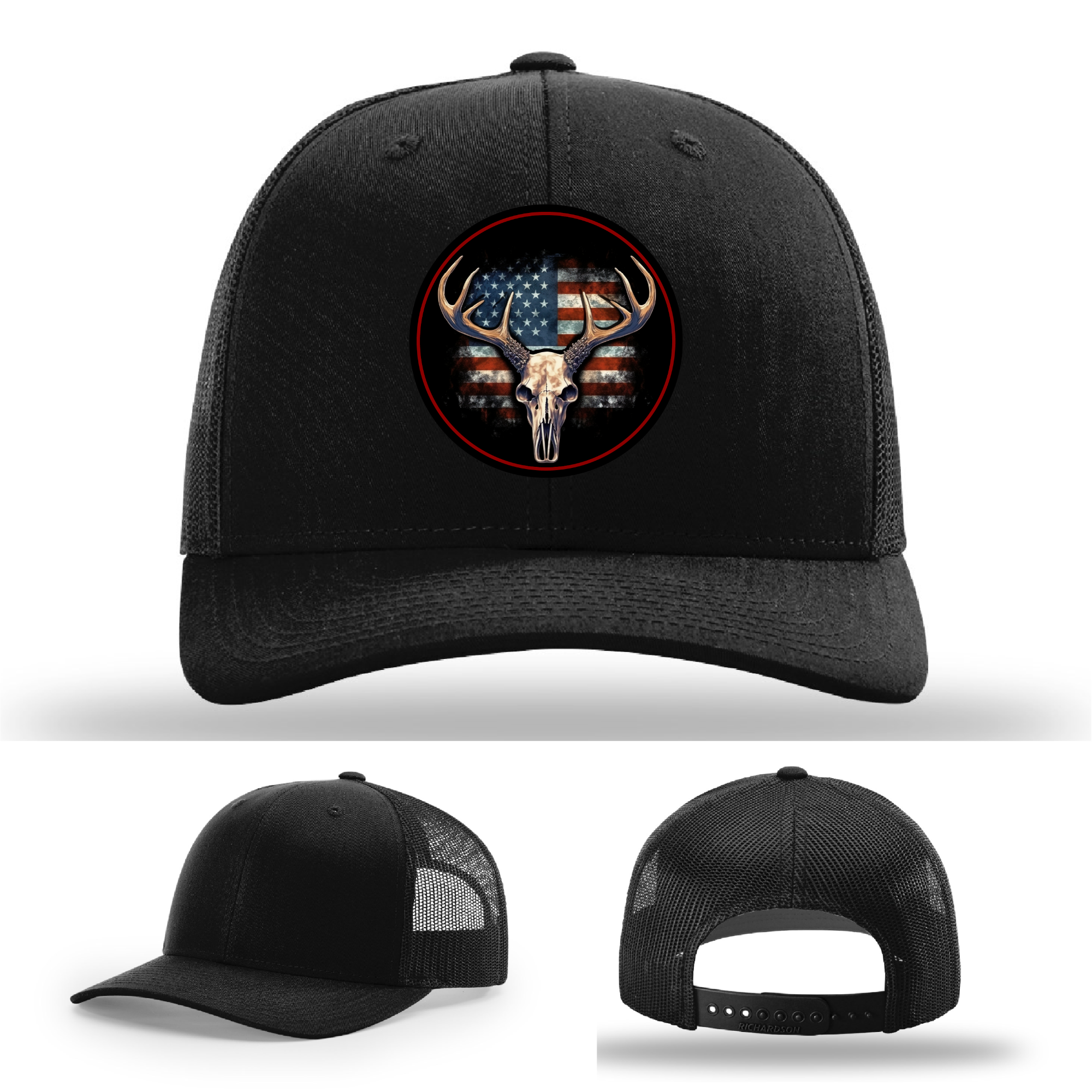 USA buck skull leather patch variants – deer hunting logo styles on Richardson hat designs