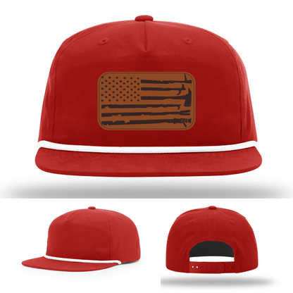 Leather patch firefighter hat – Richardson cap with fire tool American flag design