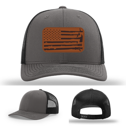 Leather patch firefighter hat – Richardson cap with fire tool American flag design