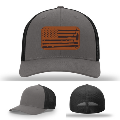 Leather patch firefighter hat – Richardson cap with fire tool American flag design