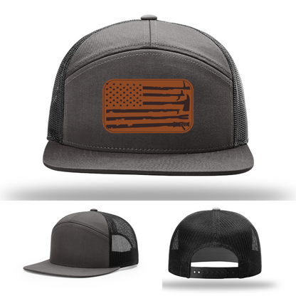 Leather patch firefighter hat – Richardson cap with fire tool American flag design