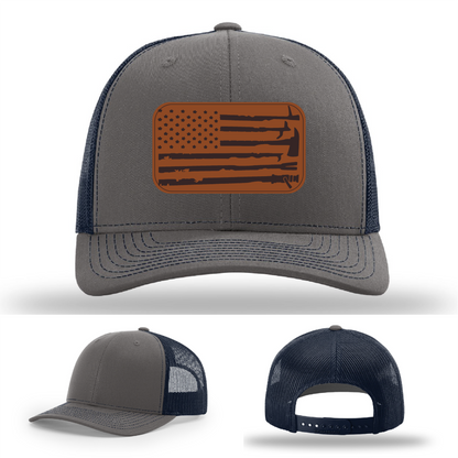 Leather patch firefighter hat – Richardson cap with fire tool American flag design