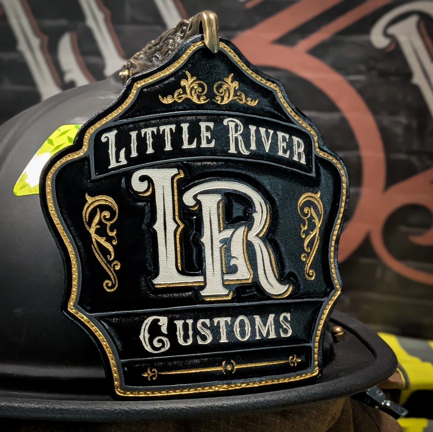 handpainted fire helmet shield for Little River Customs. 