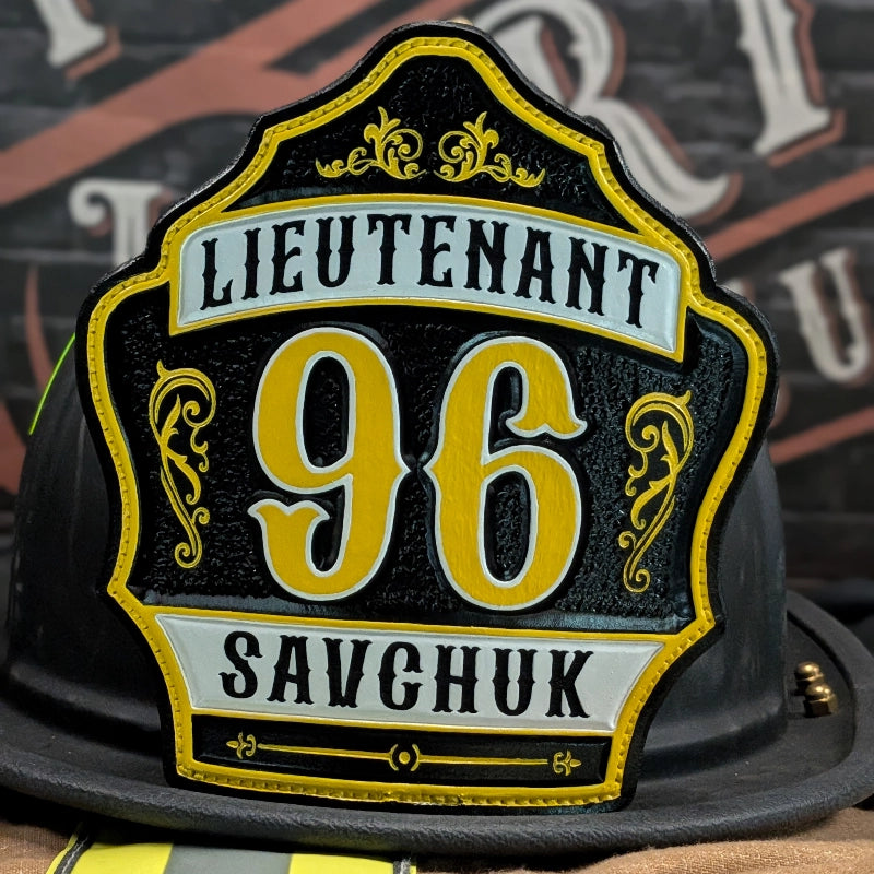 Custom firefighter helmet shield with lieutenant rank