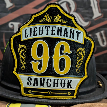 Custom firefighter helmet shield with lieutenant rank