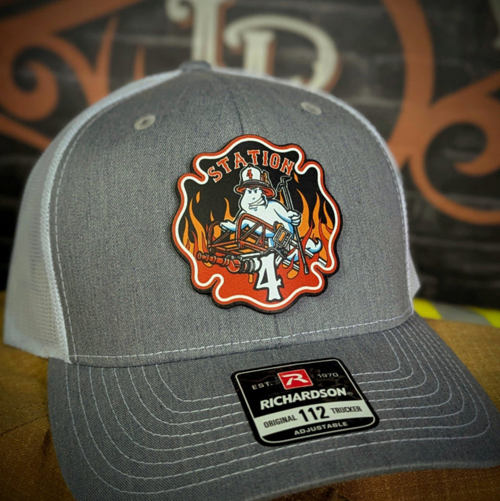 Custom firefighter hat with handcrafted leather patch, personalized with fire department name, station number, or logo
