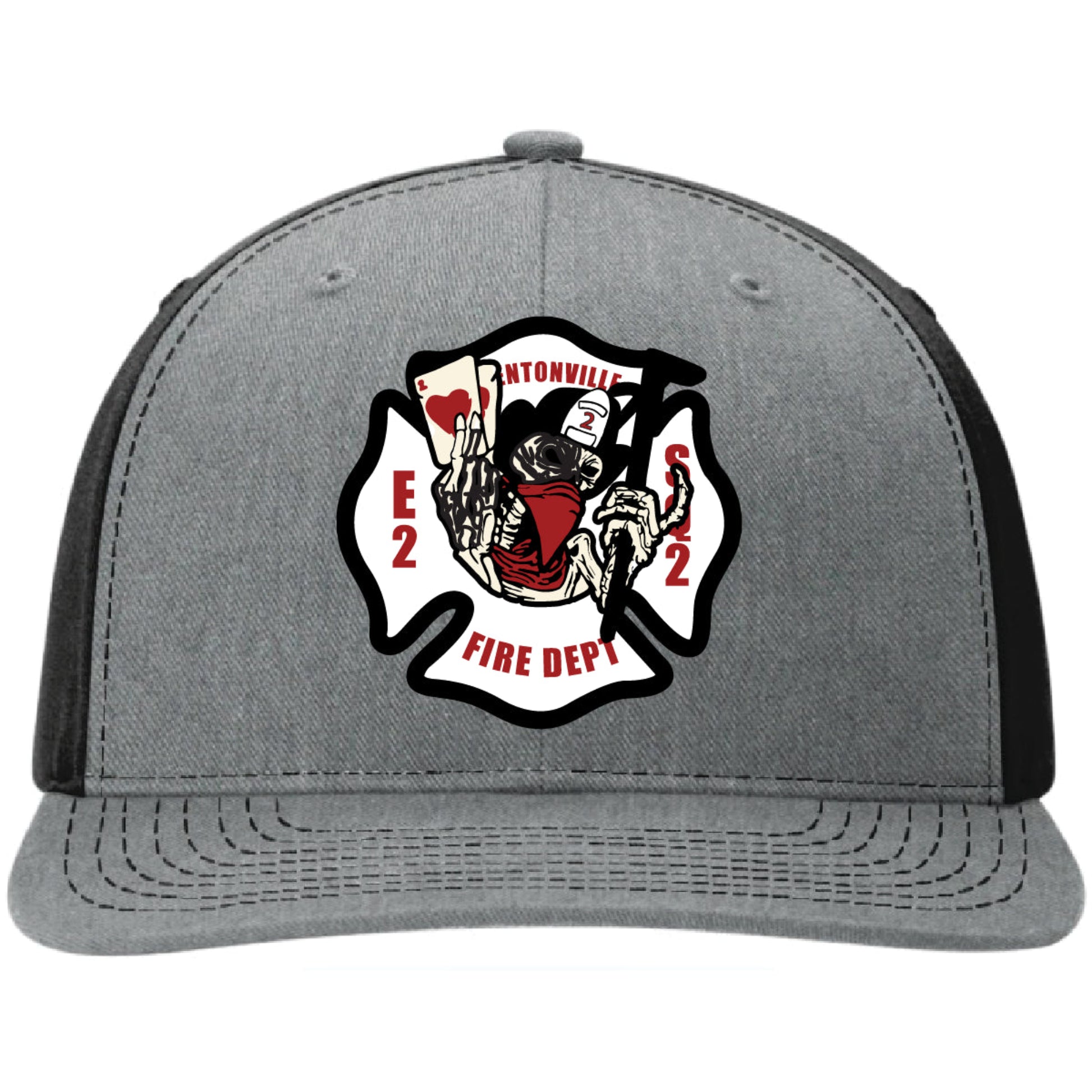 Custom Richardson hats featuring full color leather patches designed for multiple Bentonville Fire Department trucks and crews
