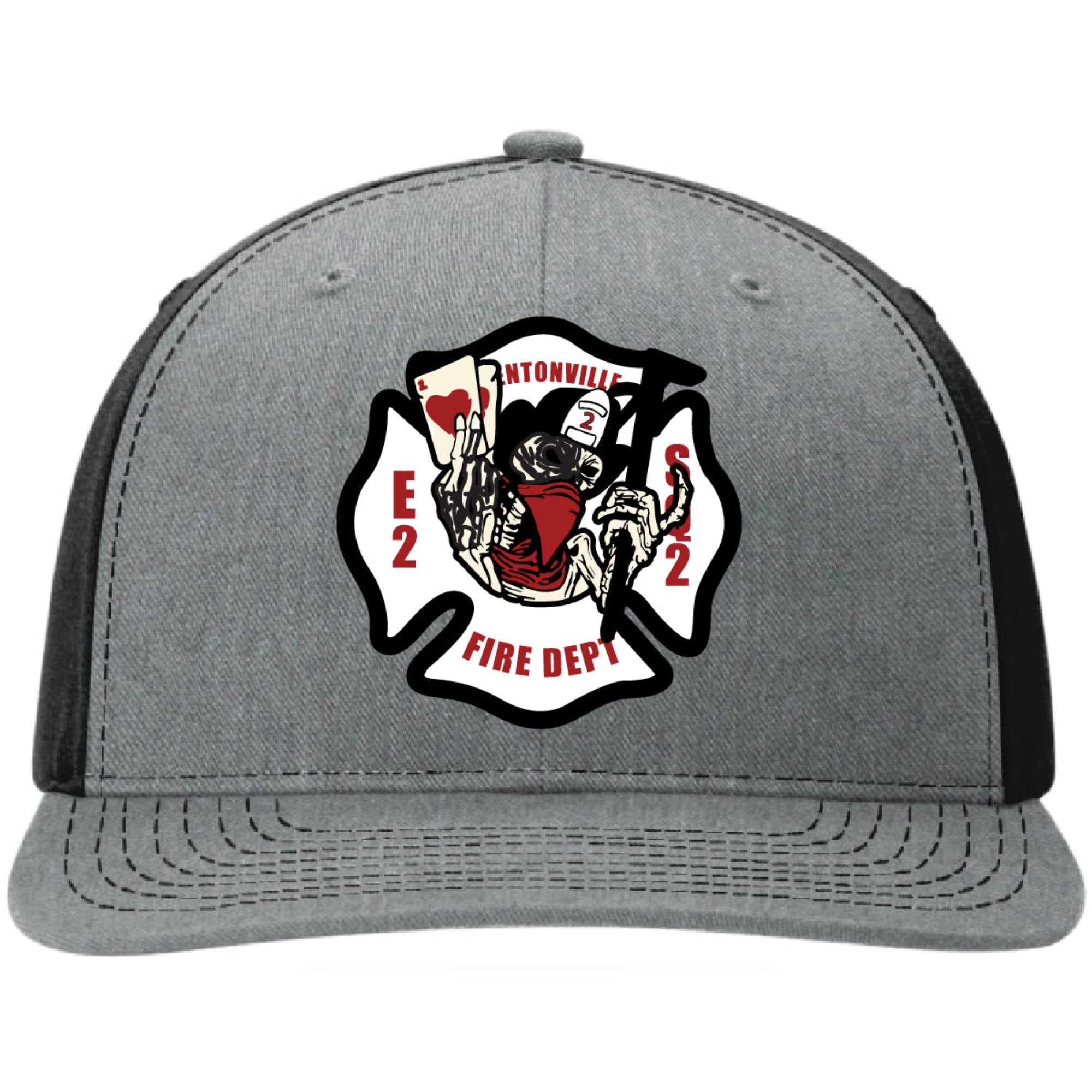 Custom Richardson hats featuring full color leather patches designed for multiple Bentonville Fire Department trucks and crews