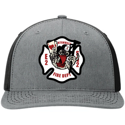 Custom Richardson hats featuring full color leather patches designed for multiple Bentonville Fire Department trucks and crews