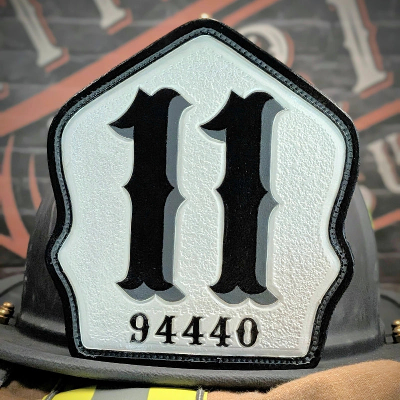 Firefighter helmet shield with clear professional layout