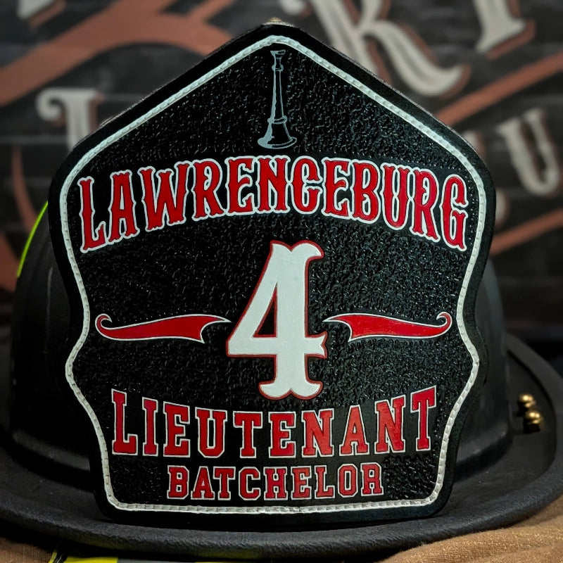 Officer helmet shield with clear rank and bold layout