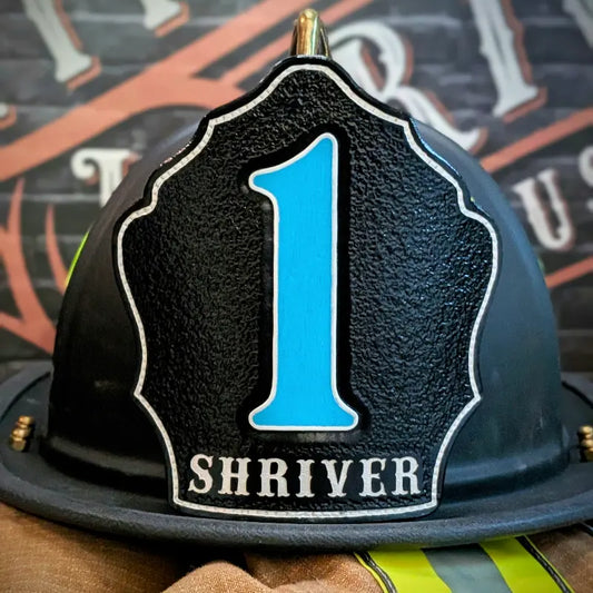 company firefighter helmet shield handcrafted full grain leather with bold number and name layout