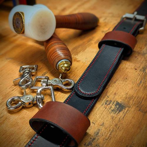 Custom Leather Radio Strap with nickle hardware in black and Chestnut leather. 