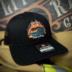 Funny Richardson hat with leather patch of dumpster fire and the quote 'I’m fine, this is fine'.