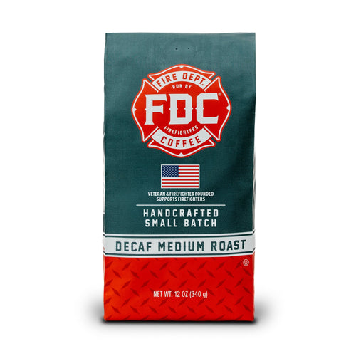 Fire Department Coffee Decaf Coffee bag, teal and red packaging