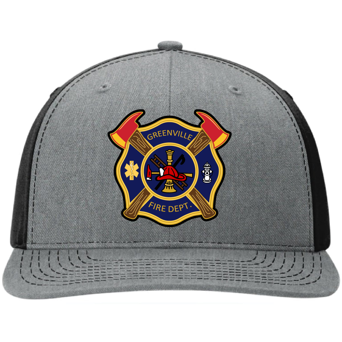 Custom leather patch for Greenville Fire on a Richardson 112 or 110 hat. 