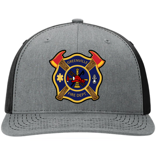 Custom leather patch for Greenville Fire on a Richardson 112 or 110 hat. 