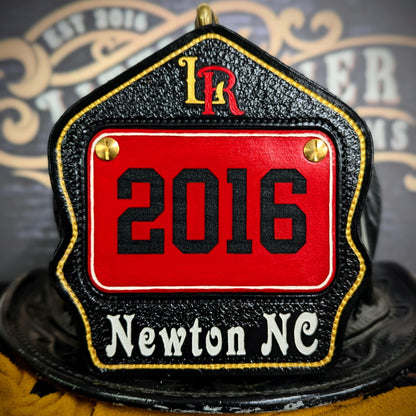 Personalized firefighter helmet shield in passport style with bold number, custom name, and clean line layout for rank, station, or company"