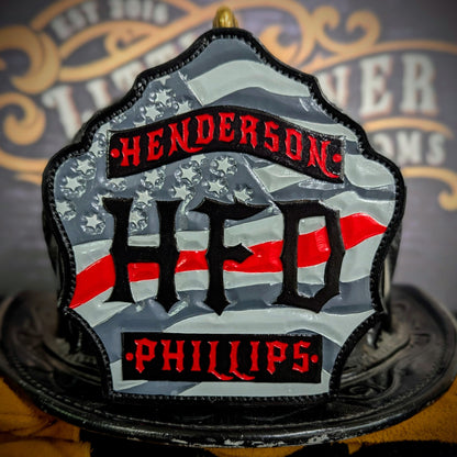 Custom firefighter helmet shield with American flag design, personalized leather front with unit number and firefighter name. Handcrafted fire helmet shield for professional firefighters, made for durability and pride on the job.