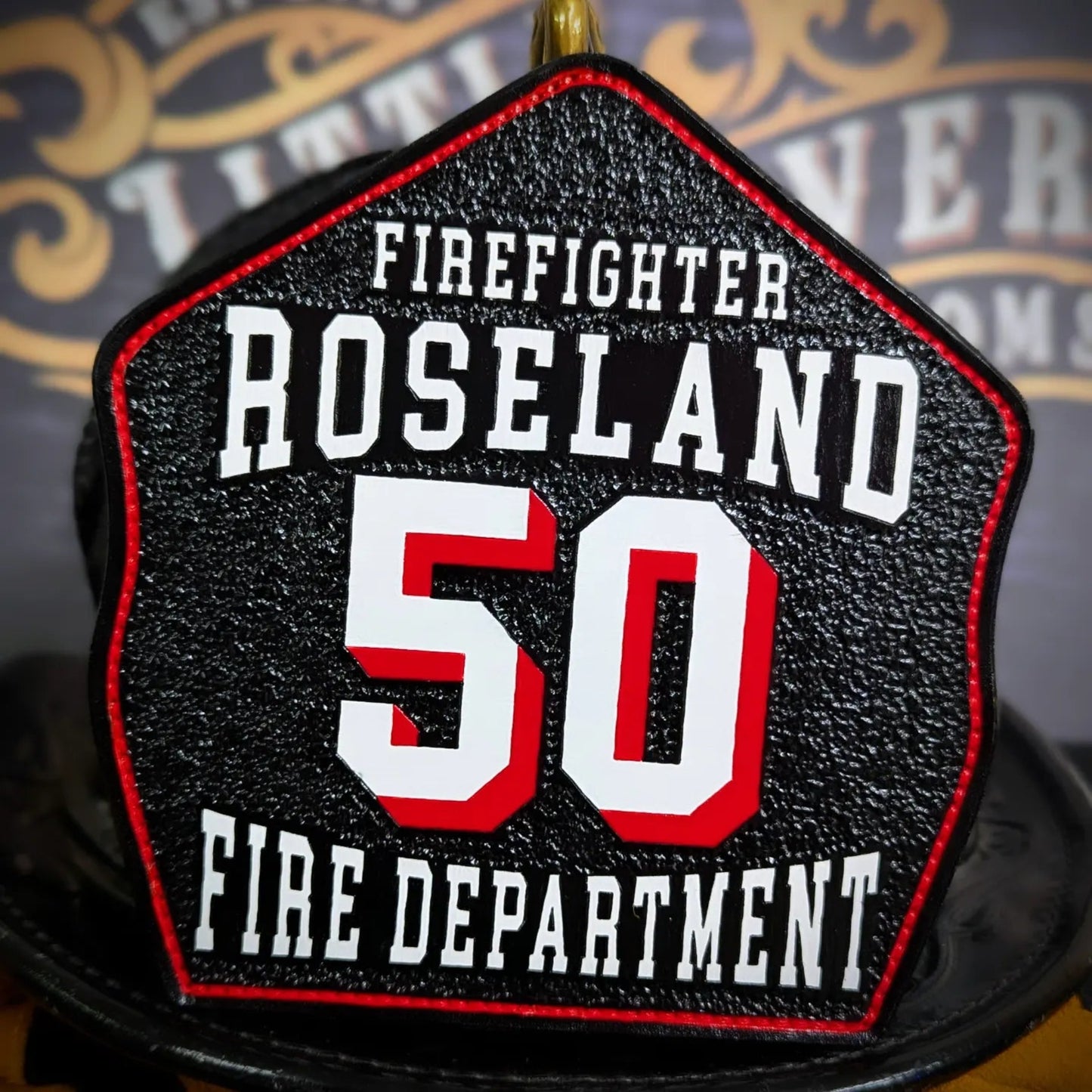 helmet shield with name and rank – custom leather firefighter front