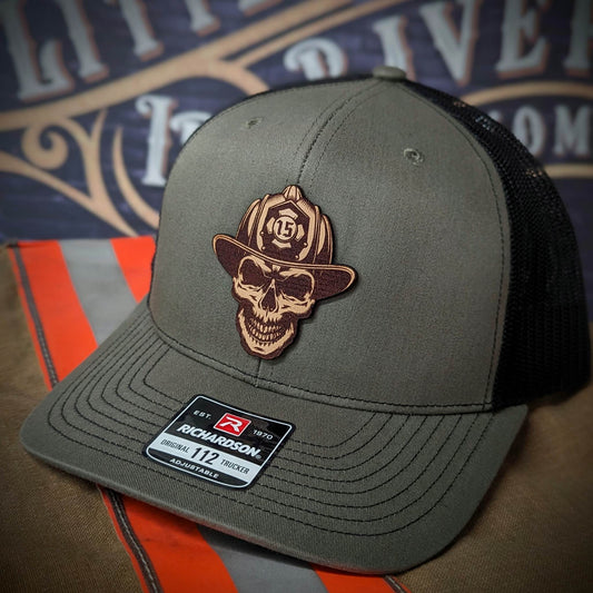Custom firefighter hats with leather patch on Richardson 112 for your fire department