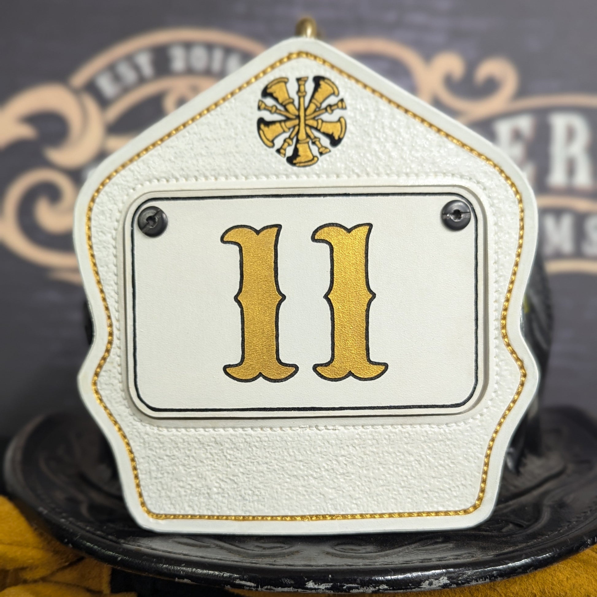 Personalized firefighter helmet shield in passport style with bold number, custom name, and clean line layout for rank, station, or company"