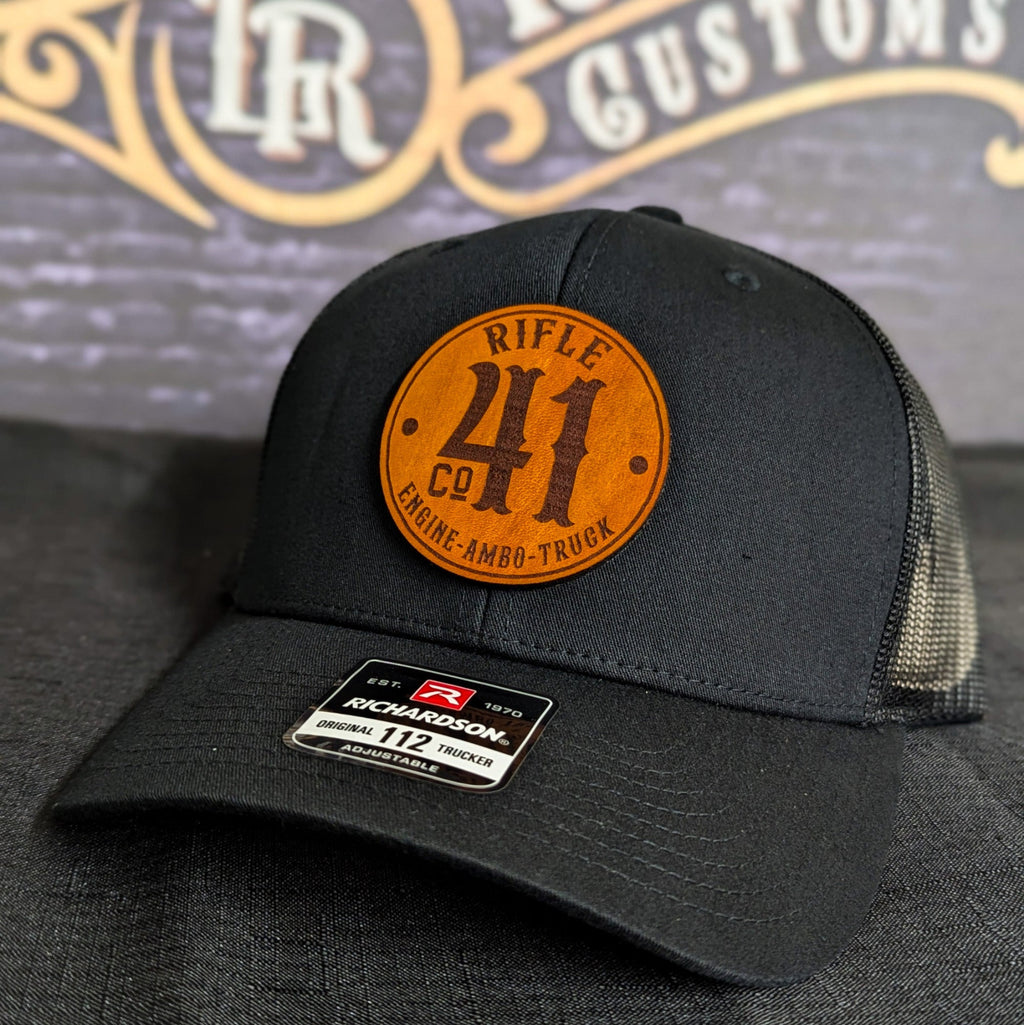 Firefighter leather patch hat – featuring a bold circular design on Richardson hat