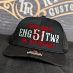 Custom embroidered firefighter hat with bold stitching, structured fit, and premium Richardson snapback design
