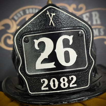 Personalized firefighter helmet shield in passport style with bold number, custom name, and clean line layout for rank, station, or company"