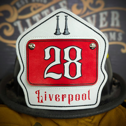 Personalized firefighter helmet shield in passport style with bold number, custom name, and clean line layout for rank, station, or company"