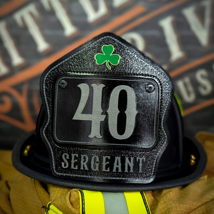 Personalized firefighter helmet shield in passport style with bold number, custom name, and clean line layout for rank, station, or company"