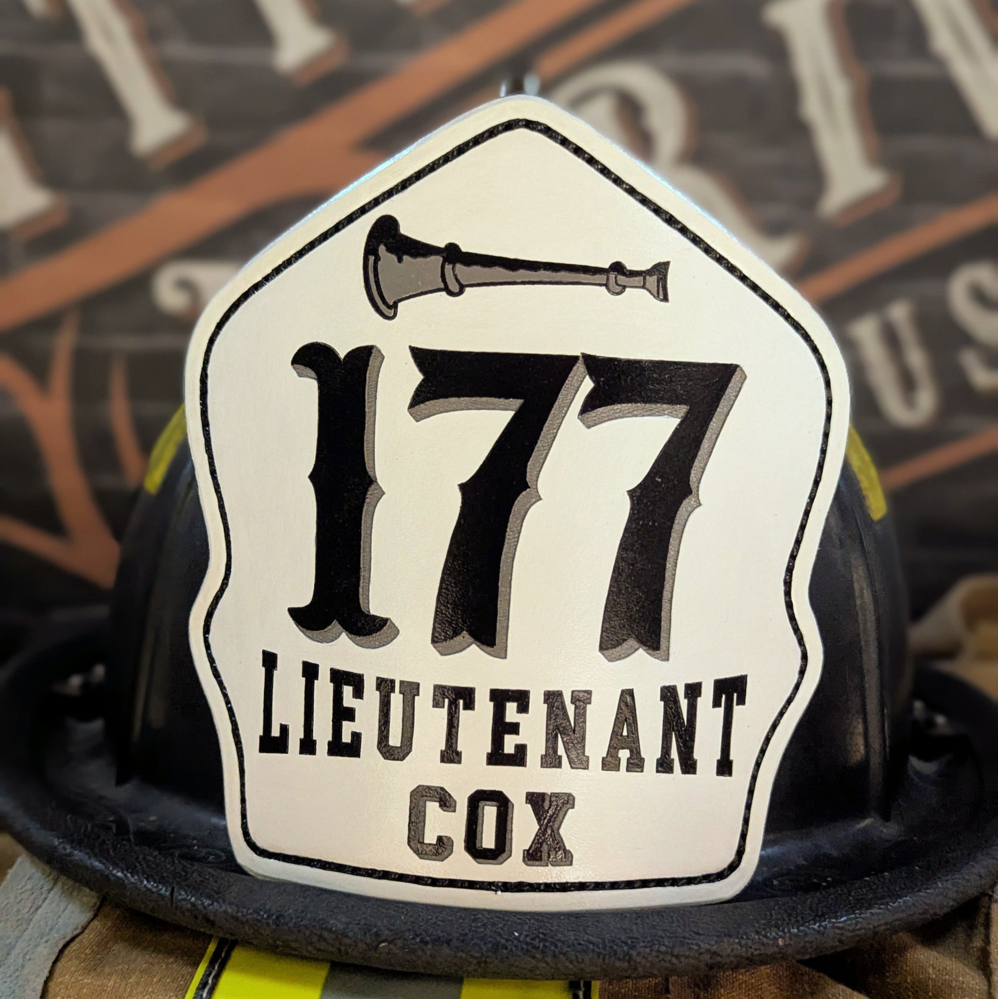 custom fire helmet front – high-visibility leather shield for command or company