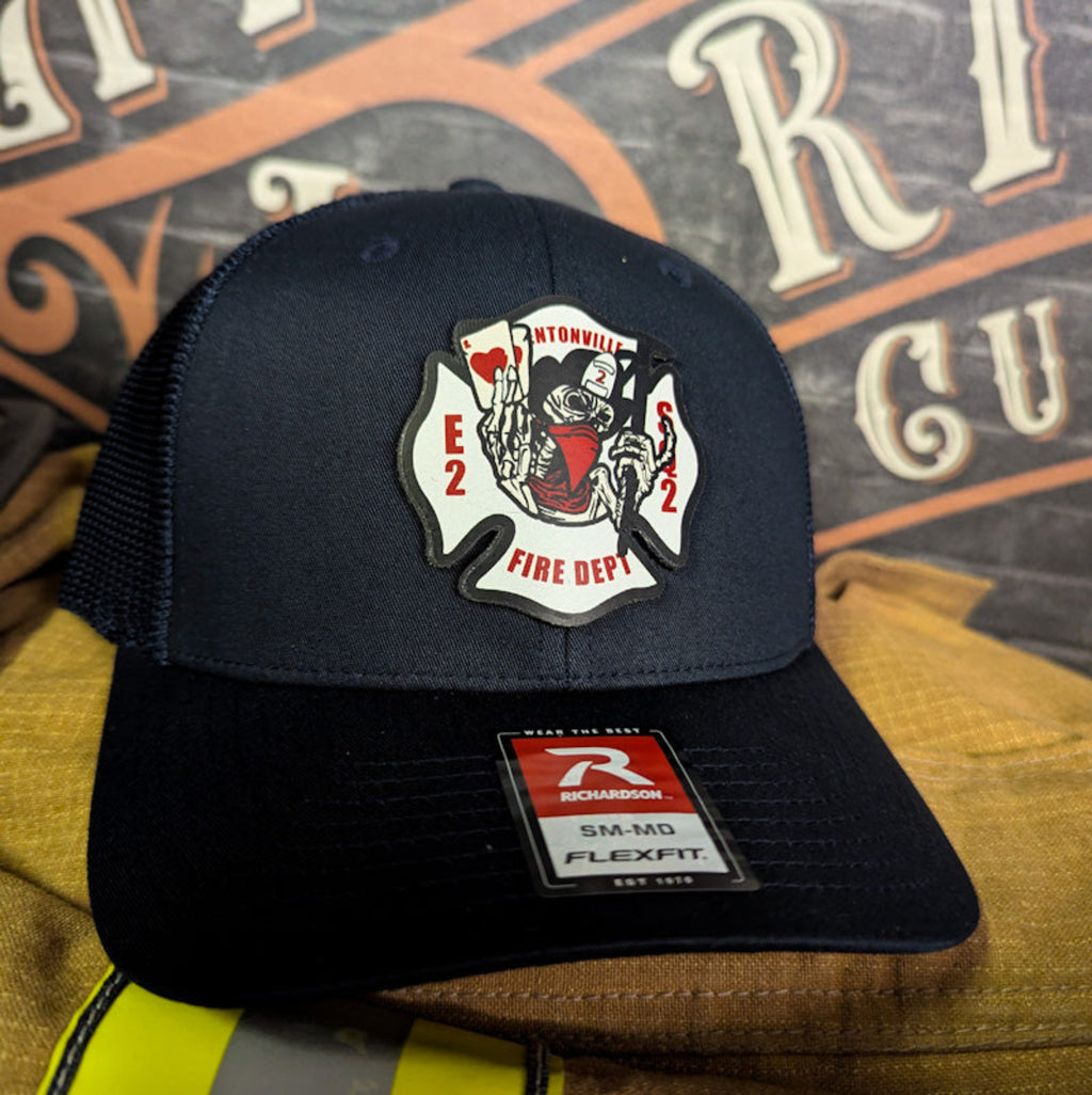 Custom firefighter hat with handcrafted leather patch, personalized with fire department name, station number, or logo