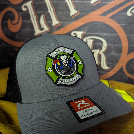 Custom Richardson firefighter hats with real leather patches, personalized for fire departments, stations, and first responders