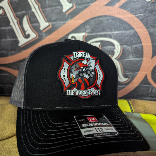 Custom Richardson firefighter hats with real leather patches, personalized for fire departments, stations, and first responders